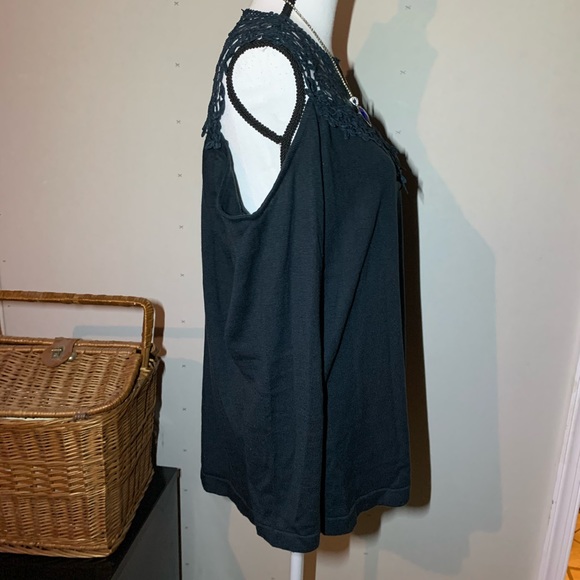 Amaryllis Black Lace Trim Cold Shoulder Sweater - Picture 5 of 10